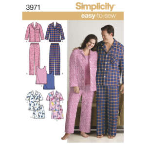 Simplicity sewing pattern 3971. The image shows various pajamas designs for men and women, including long and short-sleeved tops, pants, and shorts. A couple models matching pink and blue plaid long-sleeve pajamas. The patterns are labeled A-G. Text reads "easy-to-sew.