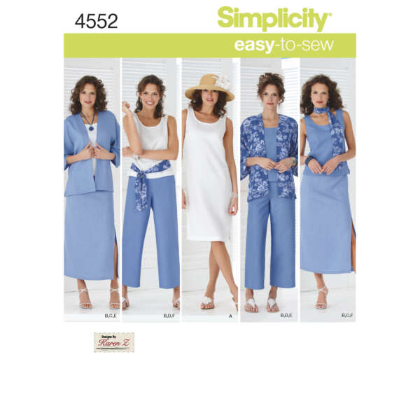 Simplicity pattern 4552 showcases five women modeling different easy-to-sew outfits, including pants, dresses, and jackets in coordinated blue and white fabrics. The patterns offer a variety of styles for casual wear, with accessories like hats and scarves. Pattern by Karen Z.