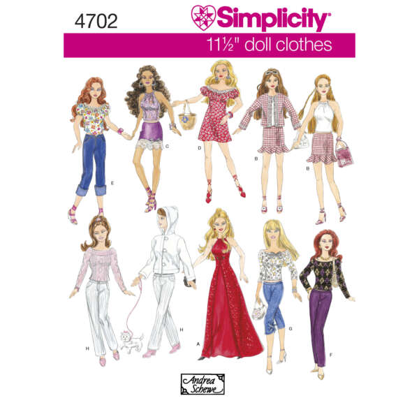 Illustration of several 11½" fashion dolls wearing different outfits, labeled with letters A through J. The outfits range from casual wear like jeans and hoodies to formal attire like dresses and evening gowns. At the top, the text reads "Simplicity 4702 11½" doll clothes.