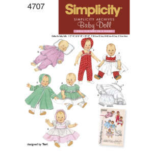 A pattern packet titled "Simplicity Archives Baby Doll" featuring designs for doll clothes in five sizes. The illustrations show various outfits, including a green hooded cape, red polka-dot dress, green dress, and white dress with red trim.