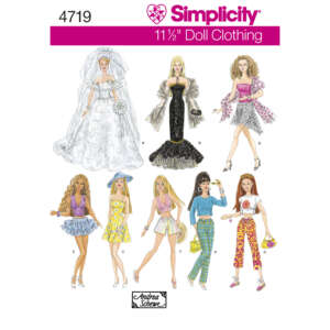 An illustrated pattern cover for Simplicity 4719 showcasing various 11½" doll outfits. Outfits include a bridal gown, an elegant black dress, casual daywear, a yellow sundress, a two-piece set, checkered pants with a top, and a vibrant patterned ensemble.