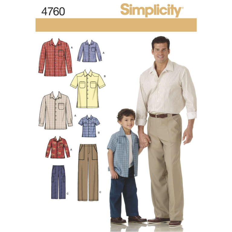 Simplicity sewing pattern 4760 for coordinating men's and boys' shirts and pants. The image shows a man and a boy wearing the clothing items made from the patterns, with illustrations of different styles, including long-sleeve and short-sleeve shirts, and pants.