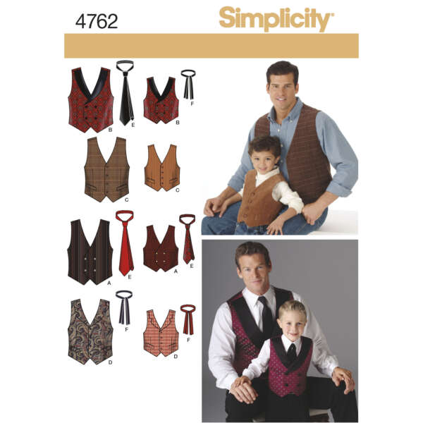 Pattern cover showing various styles of vests from Simplicity 4762. The designs are modeled by a man and boy in dress shirts and ties, featuring different fabrics and styles. Text at the top reads "Simplicity" and displays the pattern number 4762.