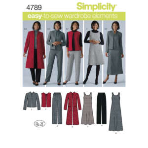 Pattern set from Simplicity (4789) featuring easy-to-sew wardrobe elements. Models display various outfits including long coats, sleeveless dresses, and separates in grey, red, and black. Illustrations below showcase patterns E, F, B, D, A, C, A, B.