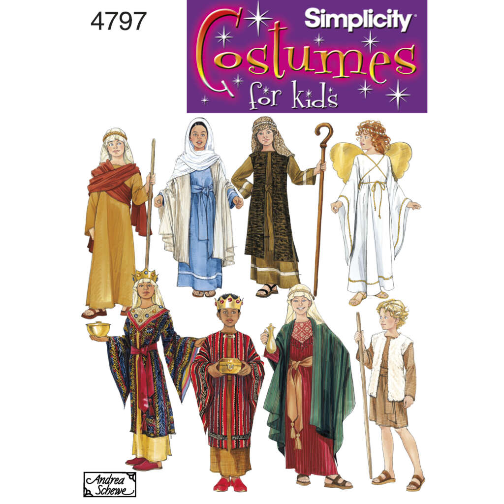 A Simplicity pattern package (number 4797) for kids' costumes. The package shows children wearing various historical and fantasy-themed outfits, including biblical, medieval, and angelic costumes, intended for plays or themed events.