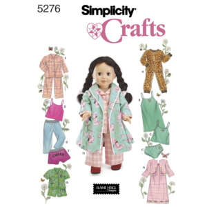 A sewing pattern cover from Simplicity (number 5276) featuring various outfits for dolls, designed by Elaine Heigl. The central image is a doll in a floral coat and hat, surrounded by illustrations of additional outfits, including pajamas, cheerleader outfit, and jumpsuits.