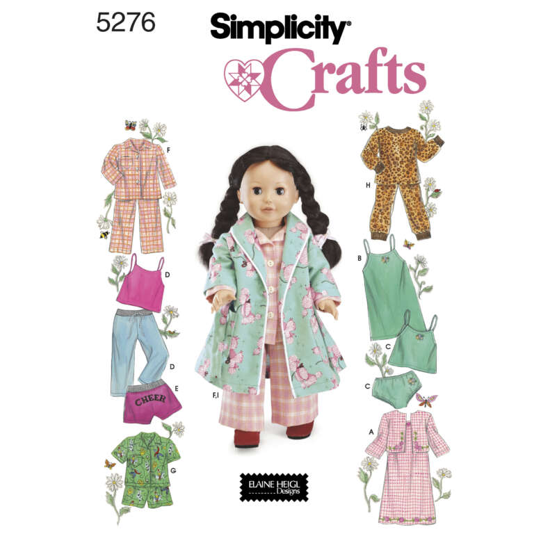 A sewing pattern cover from Simplicity (number 5276) featuring various outfits for dolls, designed by Elaine Heigl. The central image is a doll in a floral coat and hat, surrounded by illustrations of additional outfits, including pajamas, cheerleader outfit, and jumpsuits.