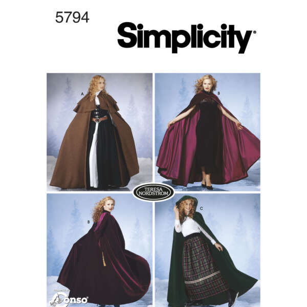 Simplicity pattern 5794 catalog cover showing four winter cape designs. Top left: brown cape with hood. Top right: burgundy velvet cape. Bottom left: purple velvet cape with clasp. Bottom right: green plaid-lined cape. Model displays each cape.