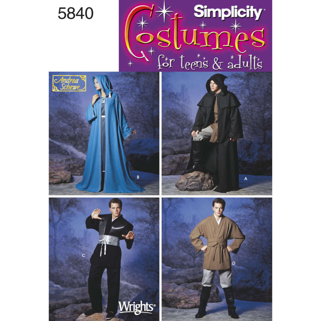 Cover image of Simplicity pattern 5840 for costumes for teens and adults, featuring four different medieval-inspired outfits. Costumes include a blue hooded robe (B), a long black cloak with hood (A), a knight's outfit with sword belt (C), and a tunic with pants (D).