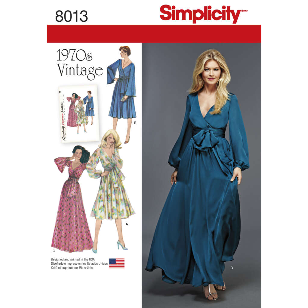 A Simplicity sewing pattern (8013) for 1970s vintage dresses. The cover shows one model wearing a long, blue, V-neck dress with a tie-front waist. Smaller images depict the dress in different fabrics and styles (A, B, C, D), including floral and pink variations.