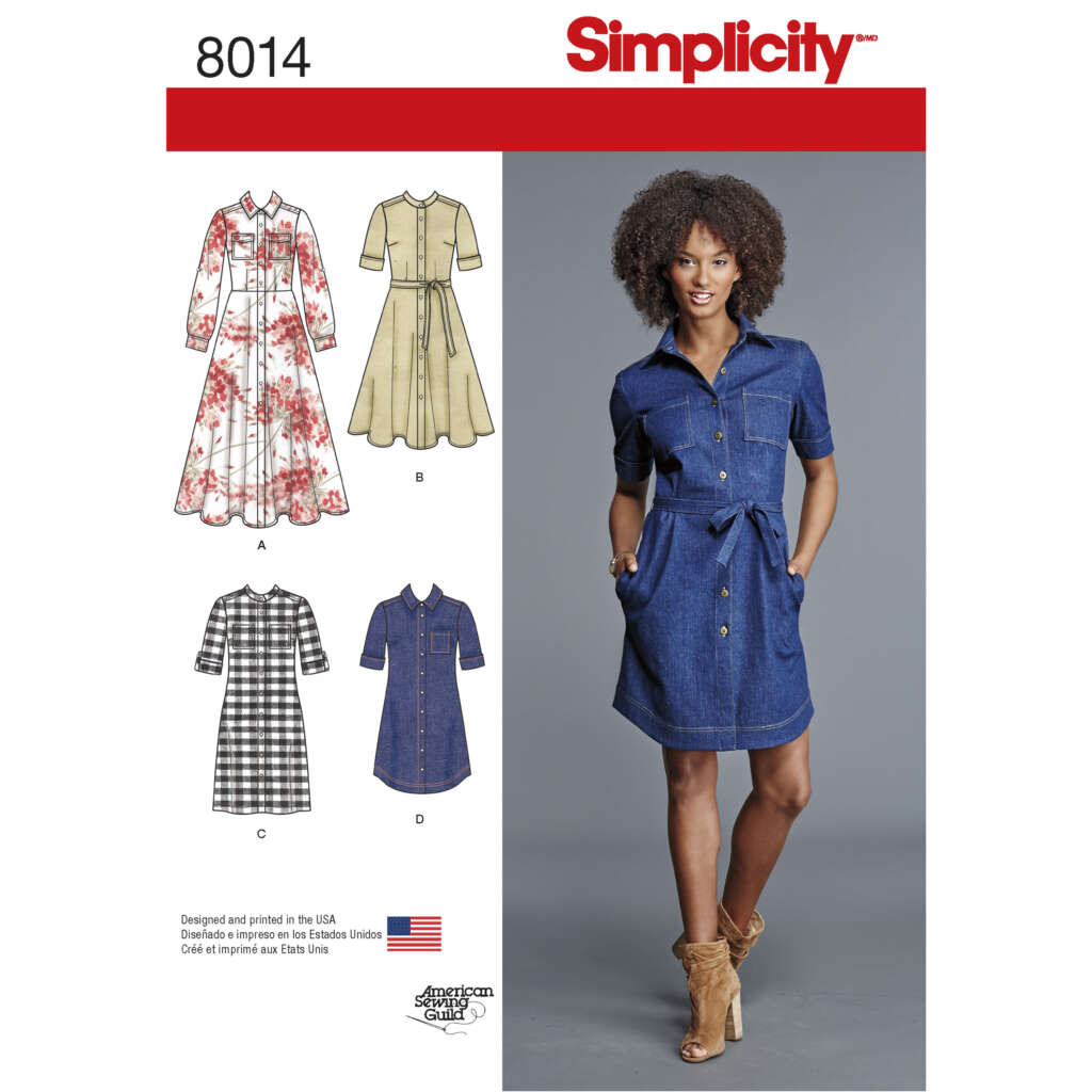 Cover of Simplicity sewing pattern 8014 for women’s dresses. The image shows illustrations of four dress variations (A, B, C, and D) and a model wearing a blue denim shirt dress with short sleeves, a front zipper, and a belted waist.