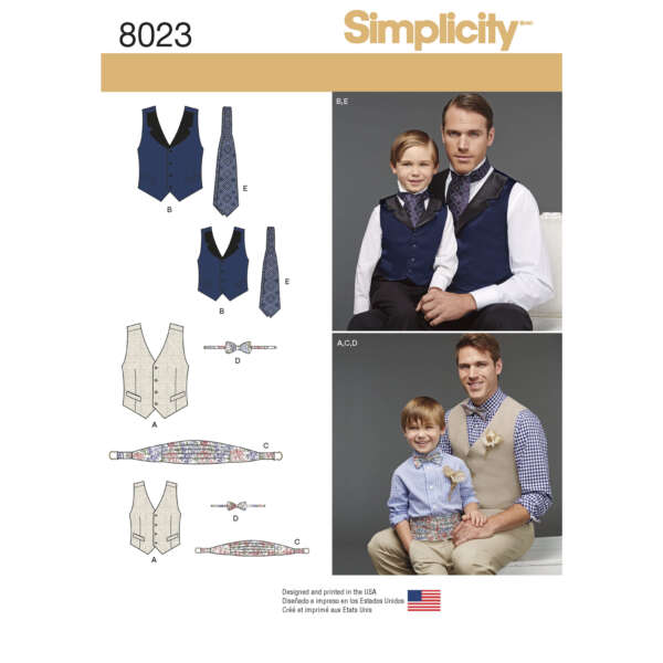 A sewing pattern booklet cover labeled "8023" by Simplicity. It features designs for men's and children's vests, bow ties, and cravats. The cover shows adult and child models wearing the completed garments in two side-by-side photos.