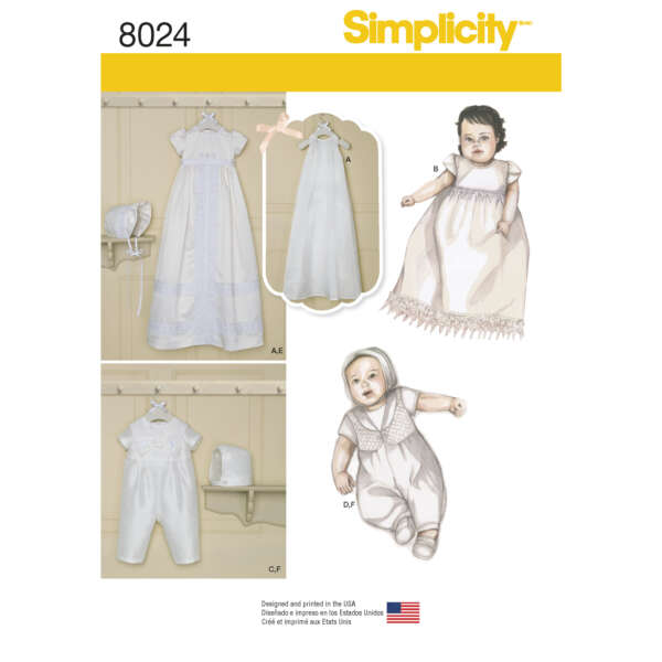 Image of Simplicity 8024 sewing pattern cover. It features designs for infant clothing, including christening gowns with lace details, a bonnet, a romper, and a dress. The garments are shown in different styles and poses for infants. An American flag is at the bottom.