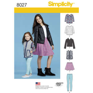 Two young girls modeling outfits made from Simplicity sewing pattern 8027. The older girl wears a plaid dress with a black jacket and boots, while the younger girl wears a blue top, light blue pants, and a patterned vest. The pattern includes various clothing items.