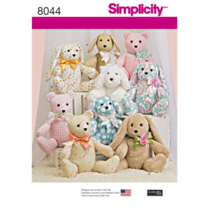 A pattern catalog cover featuring various plush animal designs from Simplicity, pattern number 8044. The plush toys include bears and rabbits with different fabric patterns such as polka dots, florals, and plaid. Each toy is adorned with decorative bows.
