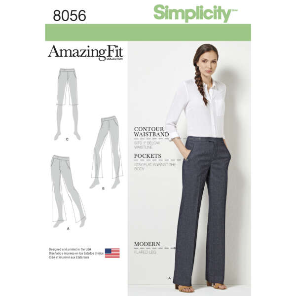 Simplicity sewing pattern 8056 from the Amazing Fit collection. The image shows a woman modeling flared pants with a contour waistband and pockets. The pattern includes views for slim, average, and curvy fits. Text details the features and benefits.