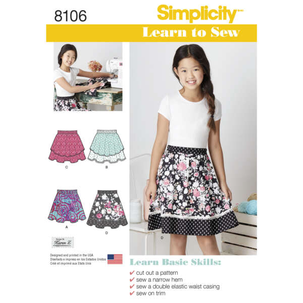 The image shows a Simplicity sewing pattern package (8106) for girls' skirts. The package displays two girls wearing completed skirts, along with illustrations of four skirt designs. It includes details about learning basic sewing skills like cutting patterns and sewing trims.