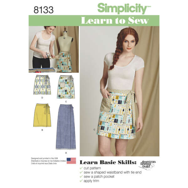 A sewing pattern cover from Simplicity, labeled 8133, titled "Learn to Sew." It depicts a model wearing a skirt with multiple fabric pattern options. The cover mentions learning basic sewing skills like cutting patterns and sewing waistbands, pockets, and hems.