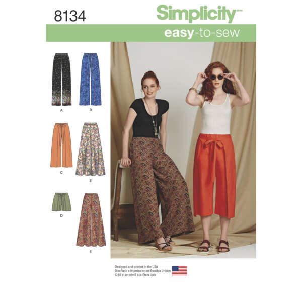 Pattern cover for Simplicity 8134: Easy-to-Sew. It features two women modeling variations of wide-leg pants and culottes. The top left corner displays pattern sketches A-F, showcasing different fabric choices and lengths. A U.S. flag is shown at the bottom.