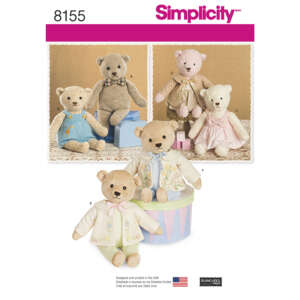 Simplicity pattern 8155 features four different teddy bears, each with a unique outfit. Two bears are sitting with a background of wrapped gifts and a framed picture. Below, two bears sit on pastel-colored props. The pattern is in English and includes illustrations.
