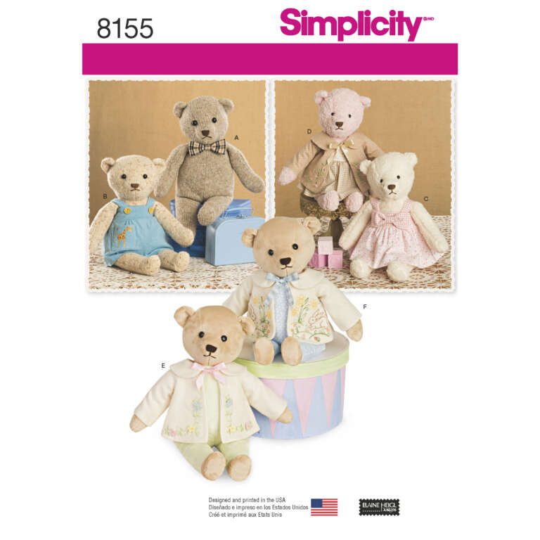 Simplicity pattern 8155 features four different teddy bears, each with a unique outfit. Two bears are sitting with a background of wrapped gifts and a framed picture. Below, two bears sit on pastel-colored props. The pattern is in English and includes illustrations.