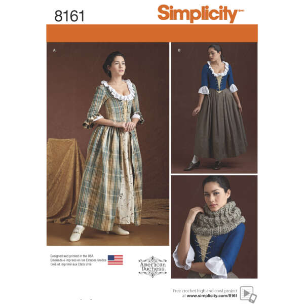 Simplicity sewing pattern 8161 showcases a colonial-style woman's dress in three variations. The main image features a full-length plaid dress with white ruffles, while the side images show a blue dress with a brown skirt and a blue dress with a knitted shawl.