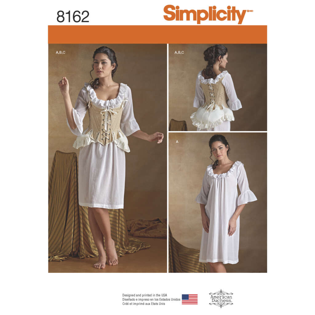 Simplicity 8162 sewing pattern cover showing a woman modeling a historical costume with a ruffled chemise and a lace-up corset. There are three views: a front view in beige corset, a back view of the same outfit, and another front view with a different pose.