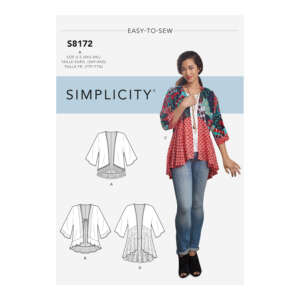 Simplicity Easy-to-Sew pattern S8172. The package shows a model wearing a flowy, open-front cardigan over a casual outfit. Below her are technical drawings of four variations of the cardigan, labeled A, B, C, and D, featuring different lengths and trim details.