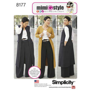 Three women are modeling a sewing pattern from Simplicity by Mimi G Style, number 8177. They are wearing a long vest paired with a white shirt and black wide-legged pants. One in mustard-yellow stands in the center; two others in black stand to her left and right.