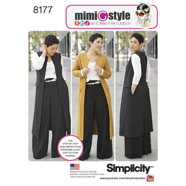 Three women are modeling a sewing pattern from Simplicity by Mimi G Style, number 8177. They are wearing a long vest paired with a white shirt and black wide-legged pants. One in mustard-yellow stands in the center; two others in black stand to her left and right.