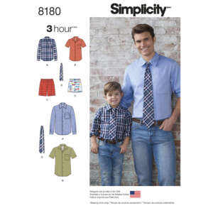 Simplicity sewing pattern 8180 features a men's and boy's button-down shirt, tie, and shorts. The cover displays a man and a boy modeling matching blue shirts and ties, with illustrations showcasing various options including short and long sleeves.