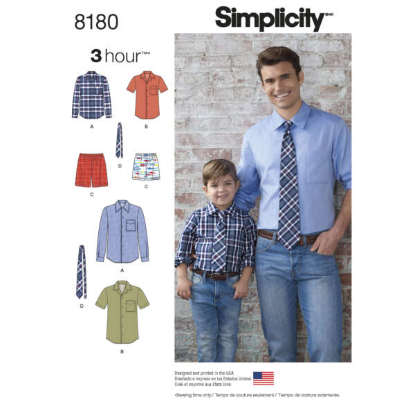 Simplicity sewing pattern 8180 features a men's and boy's button-down shirt, tie, and shorts. The cover displays a man and a boy modeling matching blue shirts and ties, with illustrations showcasing various options including short and long sleeves.