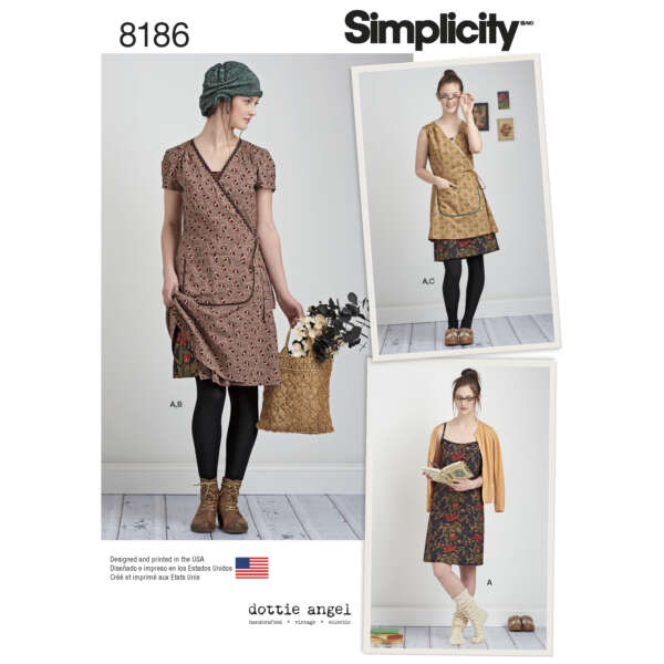 Simplicity pattern 8186 by Dottie Angel. Includes three images showing women in dresses with aprons. Dresses are knee-length, have short sleeves, and button details. Styles feature different fabrics and accessories like hats, bags, and cardigans.