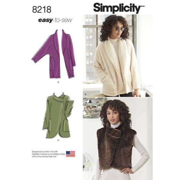 Simplicity's Easy-to-Sew pattern number 8218. It shows options A and C as line drawings of two different jackets, and options B and D as photographs featuring models wearing a white fuzzy jacket and a leopard print vest, respectively.