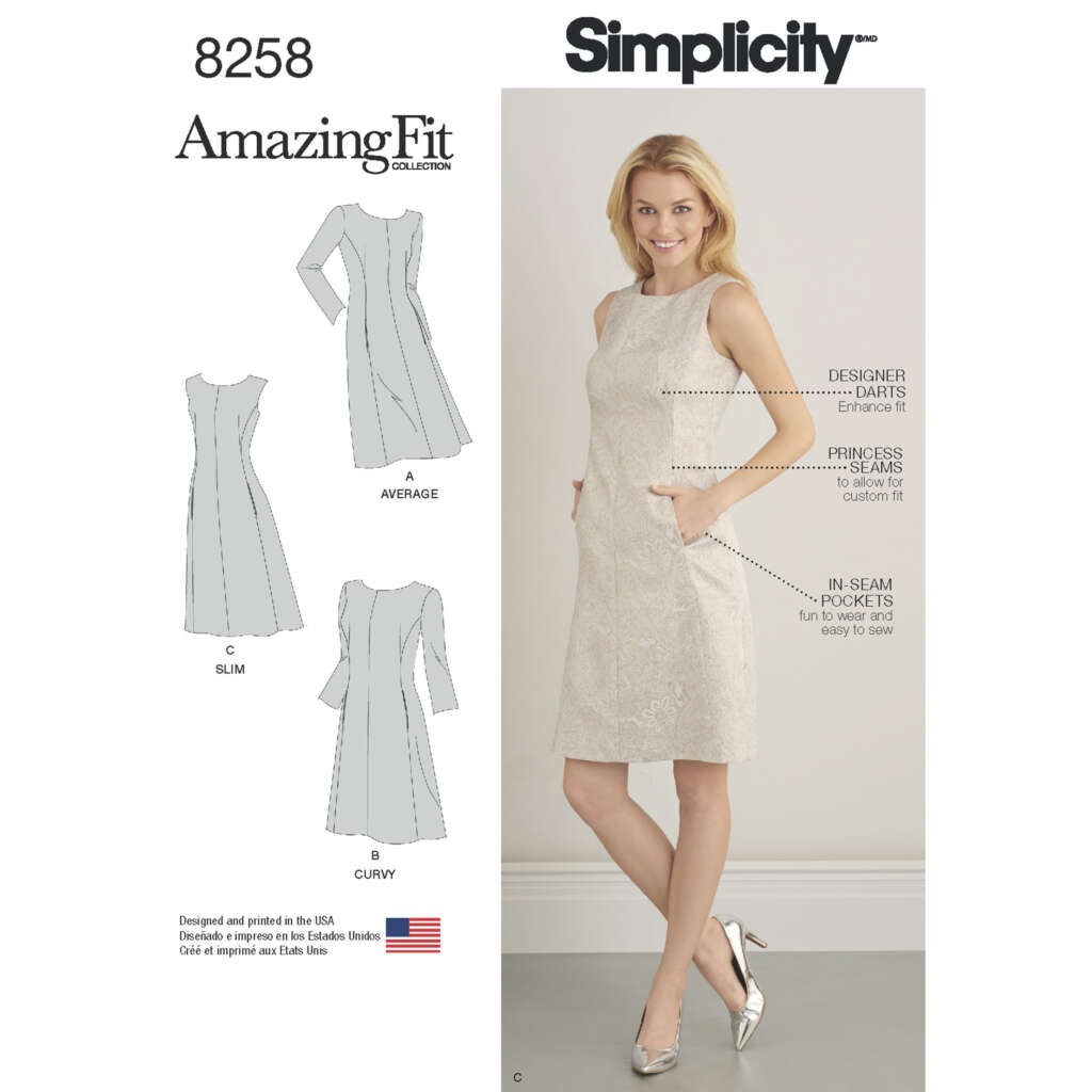 The image features a sewing pattern package from Simplicity for dress style #8258 in the Amazing Fit collection. It includes sketches and a photo of a model wearing a sleeveless dress with designer darts, princess seams, and in-seam pockets.