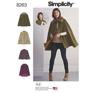 Simplicity sewing pattern 8263 includes designs for a cape coat in four variations: a buttoned cape, a collared cape with fur trim, and two plaid capes with different closures. The main image shows a woman modeling version B, a green cape with fur trim.