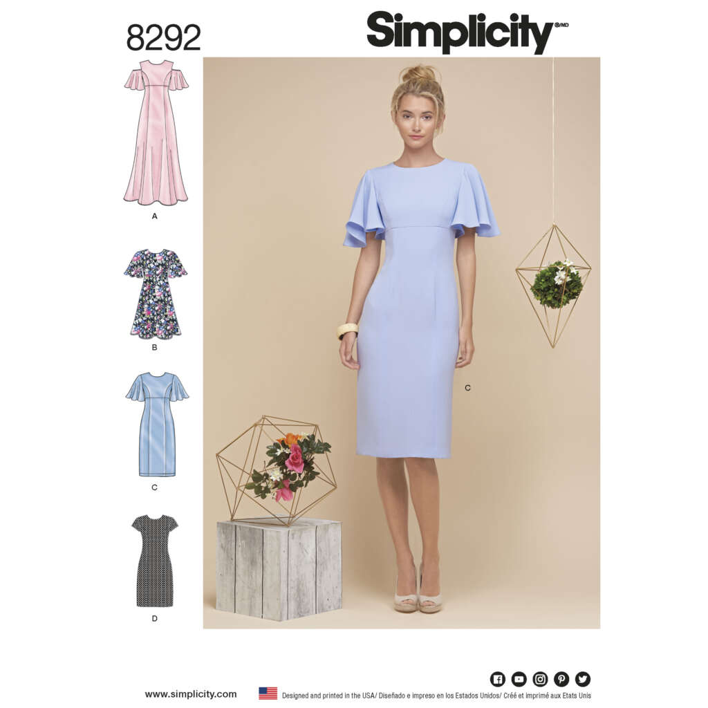 Simplicity sewing pattern #8292 features a knee-length dress with flutter sleeves in various styles: A) Pale pink with ruffles, B) Floral print with ruffles, C) Solid light blue with flutter sleeves, and D) Plaid fitted with princess seams. The model wears version C.