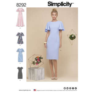 Simplicity sewing pattern #8292 features a knee-length dress with flutter sleeves in various styles: A) Pale pink with ruffles, B) Floral print with ruffles, C) Solid light blue with flutter sleeves, and D) Plaid fitted with princess seams. The model wears version C.