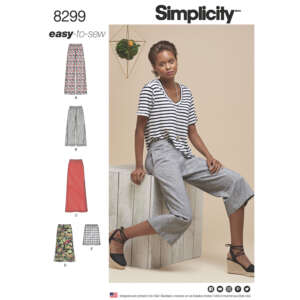 A sewing pattern cover from Simplicity (pattern 8299) titled "easy-to-sew." It shows a woman wearing a striped top with gray, wide-leg pants. There are five illustrations of different skirt and pant designs labeled A to E. The woman is sitting on a ledge with casual sandals.