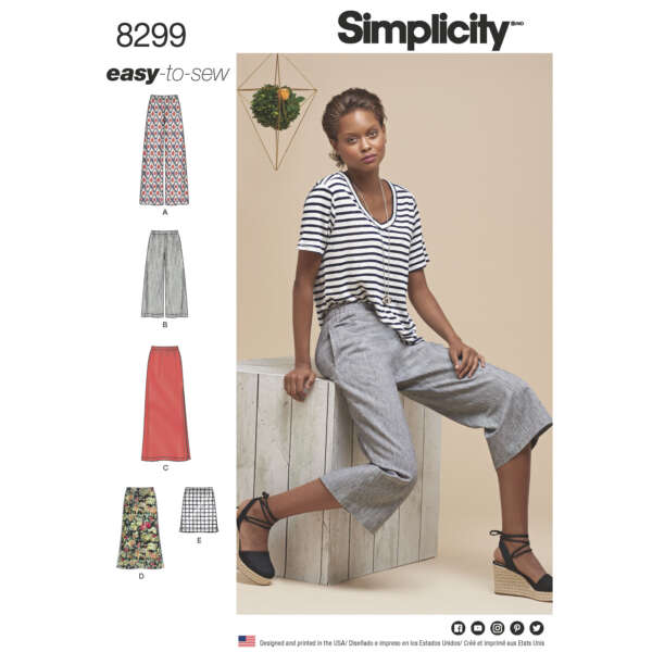 A sewing pattern cover from Simplicity (pattern 8299) titled "easy-to-sew." It shows a woman wearing a striped top with gray, wide-leg pants. There are five illustrations of different skirt and pant designs labeled A to E. The woman is sitting on a ledge with casual sandals.