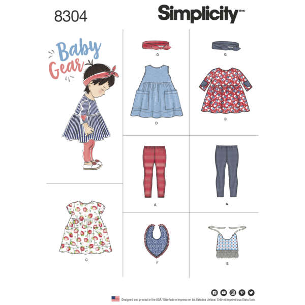 Illustration of Simplicity sewing pattern 8304, titled "Baby Gear." It features a child in a striped dress and headband, with nine designs: two headbands, two dresses, a tunic, leggings, diaper cover, and two bibs. Designs are displayed with letter labels and fabric suggestions.