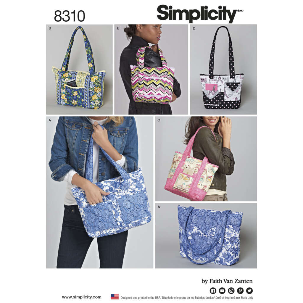 A Simplicity sewing pattern (8310) cover featuring five different tote bag designs by Faith Van Zanten. Bags vary in color and pattern, including floral, chevron, and polka dot designs. Each tote has unique pockets, trims, and details for a variety of styles.