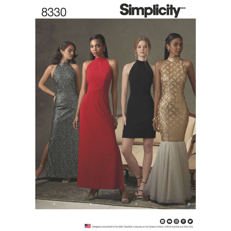 A Simplicity sewing pattern cover (8330) featuring four women modeling different sleeveless evening gowns. The dresses vary in styles: high neck, halter, and with different lengths and materials - sequin, plain red, black with sheer panels, and gold with a flared bottom.