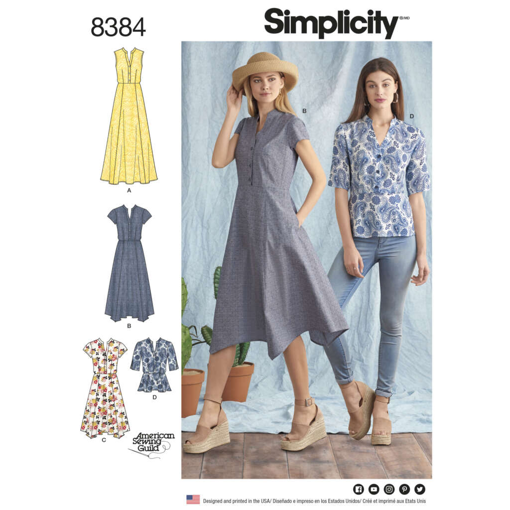 Simplicity pattern 8384 includes designs for women's dresses and blouses. The image shows four variations: a long dress with short sleeves, a sleeveless dress, a three-quarter sleeve dress, and a floral short-sleeve blouse. Two women model different variations.