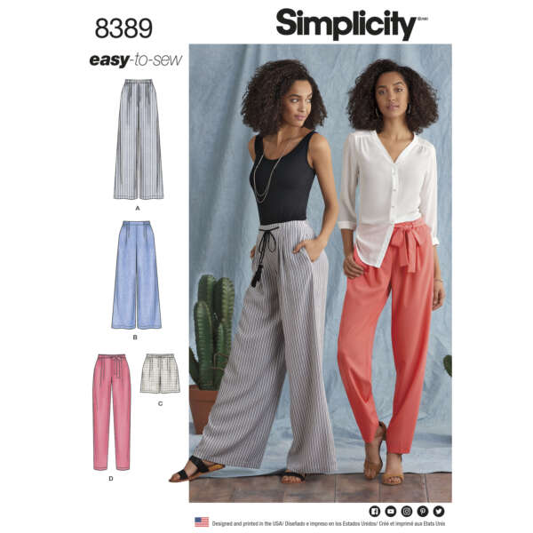 Fashion pattern cover featuring two women modeling loose-fit pants. The woman on the left wears a black tank top with striped pants; the woman on the right wears a white blouse with coral pants. Inset images show four sewing pattern variants, labeled A through D. Text reads "Simplicity 8389 easy-to-sew.