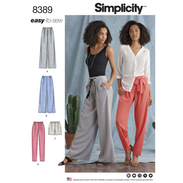 Fashion pattern cover featuring two women modeling loose-fit pants. The woman on the left wears a black tank top with striped pants; the woman on the right wears a white blouse with coral pants. Inset images show four sewing pattern variants, labeled A through D. Text reads "Simplicity 8389 easy-to-sew.