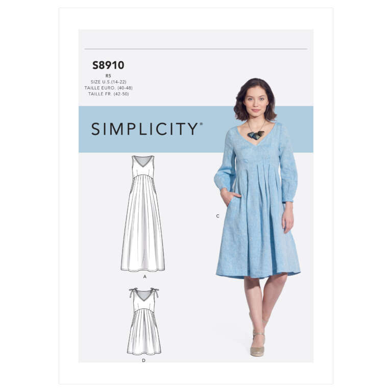 A sewing pattern for a dress, labeled "Simplicity S8910." It shows a woman modeling a light-blue, knee-length dress with long sleeves, a V-neck, and front pleats. The pattern includes designs for other variations of the dress in line drawings. Sizes range from 4 to 22.