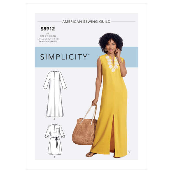 Pattern cover featuring Simplicity S8912 from American Sewing Guild. The model wears a long yellow sleeveless dress with a split hem and white embroidered neckline, accessorized with a large straw bag. Drawings show front, back, and side views of dress variations.