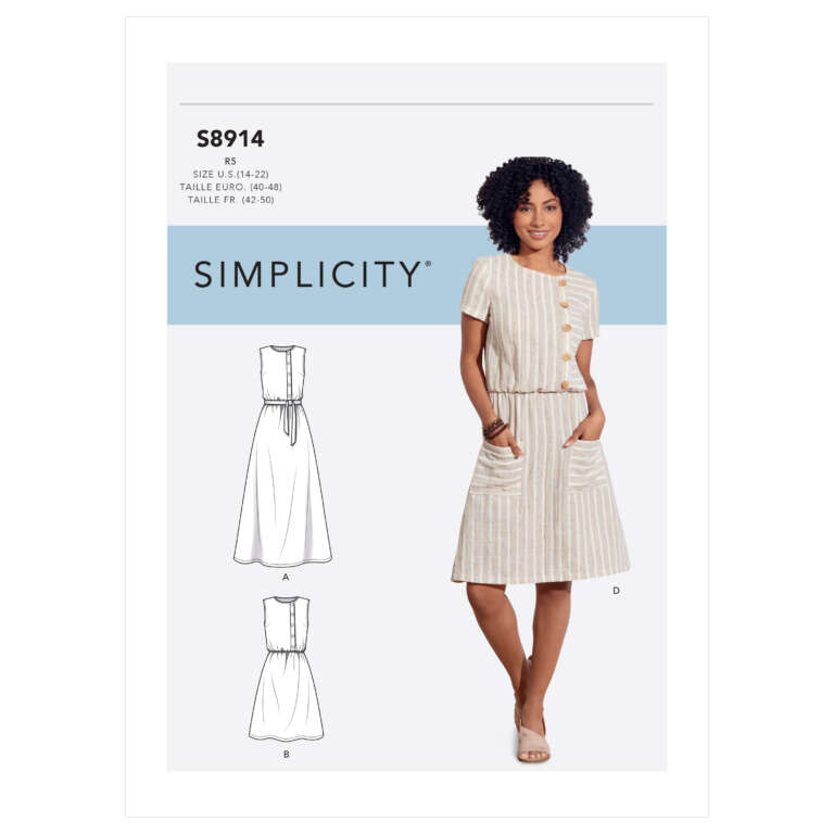 Simplicity sewing pattern S8914 featuring a woman modeling a sleeveless dress with buttons and pockets. The pattern offers variations including sleeveless or short-sleeve options. The dress has a fitted bodice and an A-line skirt. Available in sizes 6-22.