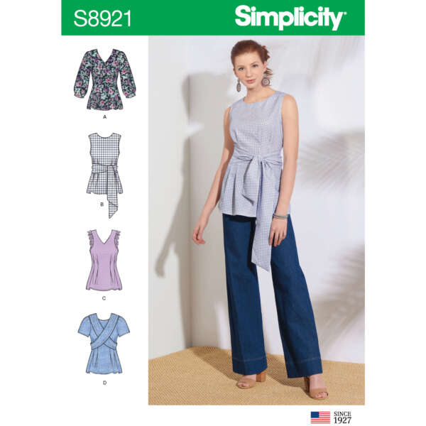 Pattern cover for Simplicity S8921. It features a model wearing a sleeveless belted top with blue wide-leg pants. To the left are illustrations of four variations of the top: A floral print with elbow-length sleeves, a checked sleeveless, a sleeveless with ruffle edges, and a wrap top.